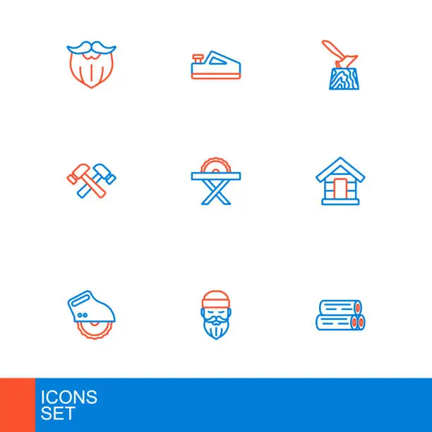Vector illustration of Set line Wooden log, Lumberjack, Electric circular saw, Dog house, Crossed hammer, axe in stump and plane tool icon. Vector
