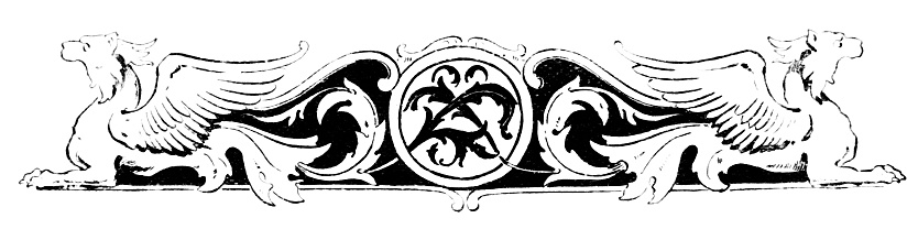 Two lions with wings--gryphons (griffins) in a Classical design. Mythology. Illustration published 1896. Original edition is from my own achieves. Copyright has expired and is in Public Domain.