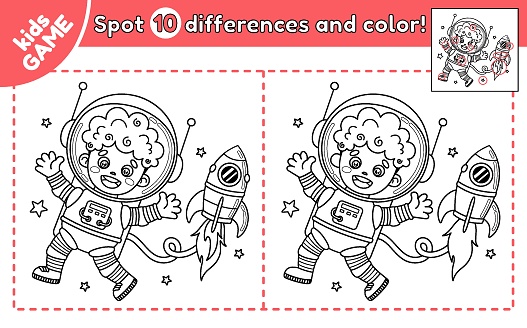 Kids space educational game Find 10 differences. Spot differences and color the cartoon astronaut african boy. Outline cute spaceman. Puzzle for education children. Vector contour perfect for coloring