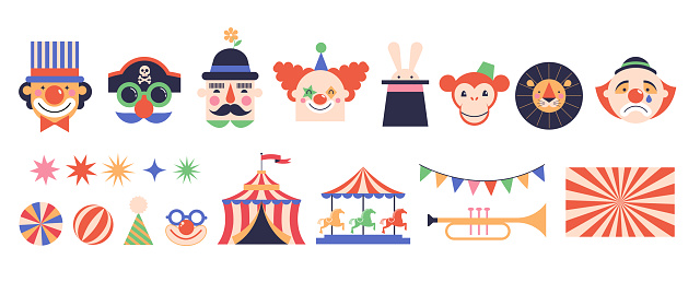 Circus, Carnival, Street Festival, Purim Carnival concept illustrations, elements and icons. Cute faces of clowns and animals. Circus background. Geometric retro style design. Vector illustrations, posters, banner