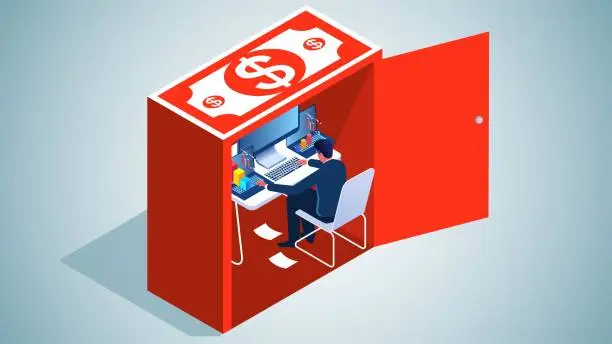 Vector illustration of Slave to money, working hard for money, overworked, heavily burdened with debt, isometric businessman sitting inside the money closet working