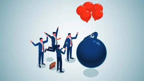 Vector illustration of Problem solving, tax, monetary policy or government policy to help solve debt problems, exchange rates, interest rates, inflation, isometric A bunch of red balloons tied to a giant iron ball flying into the sky