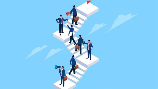 Vector illustration of Career development, job advancement and promotion, improvement of professional skill levels, isometric businessmen on steps of different heights continue to climb up the ladder