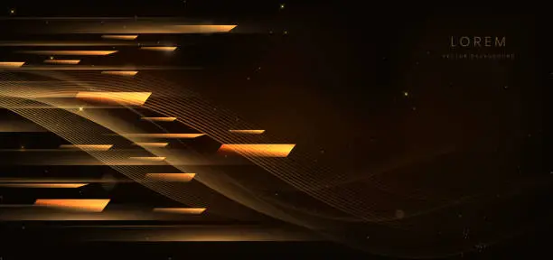 Vector illustration of Abstract golden geometric on dark brown background with lighting effect and sparkle with copy space for text. Luxury design style.