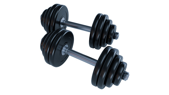 3D render of realistic black dumbbells isolated on white background.