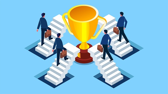 Motivated by the drive for success, the quest for success, achievement, benefits and rewards, the business competition, isometric four businessmen climb the stairs to reach the huge trophies