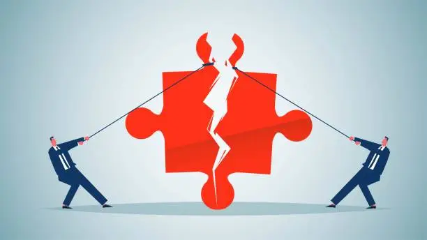 Vector illustration of Undermines unity to the detriment of unity. Damage to the team, broken partnership, difficult relationship, two businessmen tug of war and tear apart the puzzle
