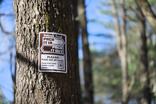 Helen, Georgia - December 28, 2023: Sign in national forest to pack it in pack it out, please pack out all trash near Helen, Georgia.