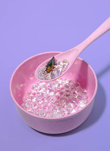 istock A Bowlful or Iridescent Diamonds in a Pastel Pink Bowl and a Beautiful Iridescent Beetle Bug on a Spoon 1926010954