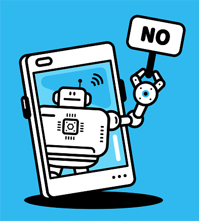 Cute AI characters vector art illustration.
An AI chatbot assistant holds a No Sign on a smartphone screen.