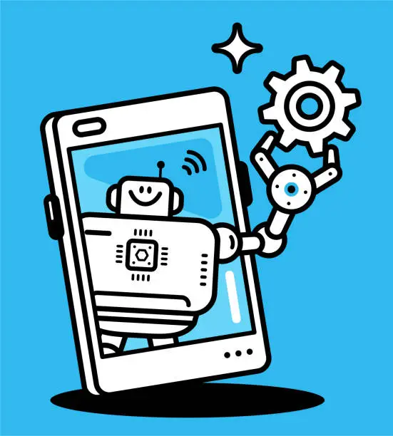Vector illustration of An AI chatbot assistant holding a gear on a smartphone screen