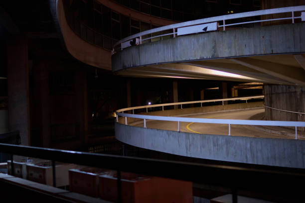 Car park spiral ramp from the side at night