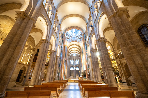 Santiago de Compostela, Spain - February 9, 2023: Interior of the Cathedral of Santiago de Compostela, Galicia, Spain.