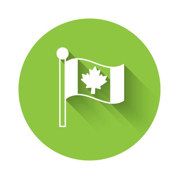 white flag of canada icon isolated with long shadow background. north america country flag on flagpole. green circle button. vector - push button button textile backgrounds点のイラスト素材／クリップアート素材／マンガ素材／アイコン素材