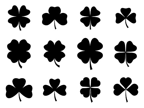 Clover leaves icon set isolated on white background. Black silhouettes of clovers for St. Patrick's Day. Four-leaf and three-leaf clovers for good luck. Vector illustration