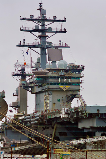 Norfolk, Virginia, USA - May 30, 2023: The USS Dwight D. Eisenhower (CVN-69) aircraft carrier docked at Naval Station Norfolk while in port.