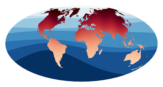 World Map Vector. Aitoff projection. World in red orange gradient on deep blue ocean waves. Appealing vector illustration.