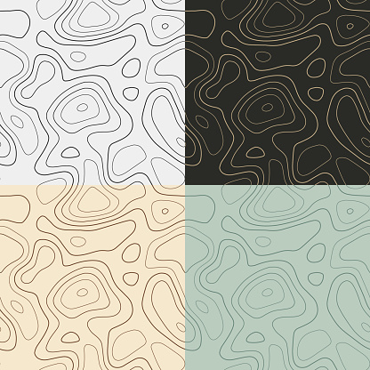 Topography patterns. Seamless elevation map tiles. Astonishing isoline background. Vibrant tileable patterns. Vector illustration.