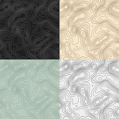 Topography patterns. Seamless elevation map tiles. Artistic isoline background. Cool tileable patterns. Vector illustration.