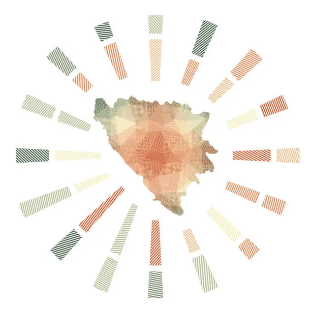 Vector illustration of Bosnia sunburst. Low poly striped rays and map of the country. Artistic vector illustration.