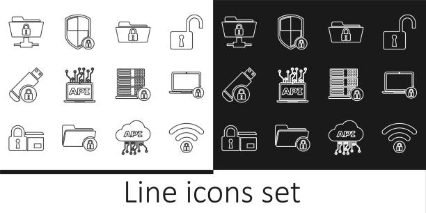 ilustraciones, imágenes clip art, dibujos animados e iconos de stock de establezca la línea wifi bloqueada, computadora portátil y, carpeta, interfaz api de computadora, unidad flash usb con, carpeta ftp, seguridad del servidor e icono de escudo. vector - encryption usb cable usb flash drive document