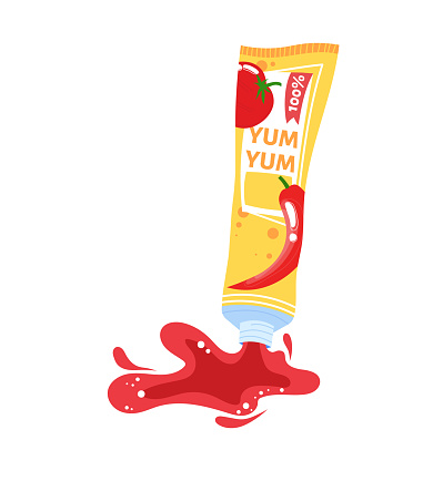 Spicy ketchup splashing out of Yum Yum tube, chili and tomato design. Condiment packaging, hot flavor explosion vector illustration.