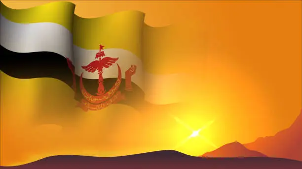Vector illustration of brunei waving flag concept background design with sunset view on the hill vector illustration