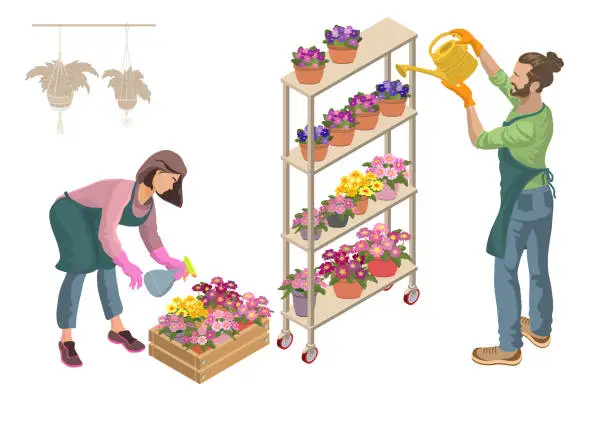 Vector illustration of A young man and woman take care of plants. Vector.
