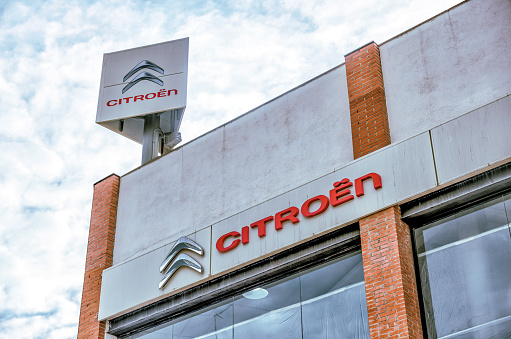 Barcelona, Spain - December 21, 2023: Signage for a Citroen car dealership in Barcelona Spain