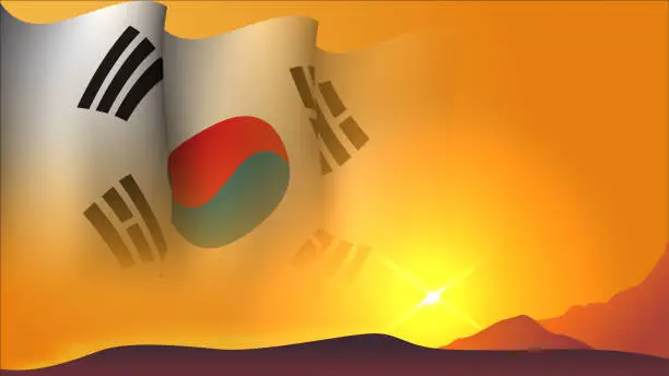 Vector illustration of south korea waving flag concept background design with sunset view on the hill vector illustration