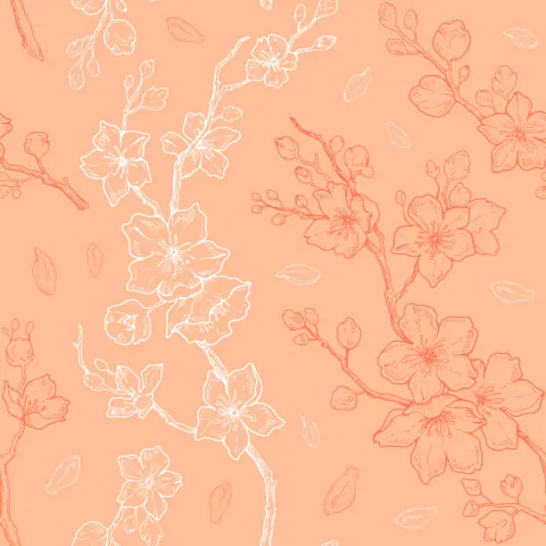 Vector illustration of Peach fuzz 2024 year color pattern. Peach fuzz seamless background with abstract peach tree blossom. Seamless 2024 colour spring fashion, interior design palette. Trendy pastel cloth, fabric, textile