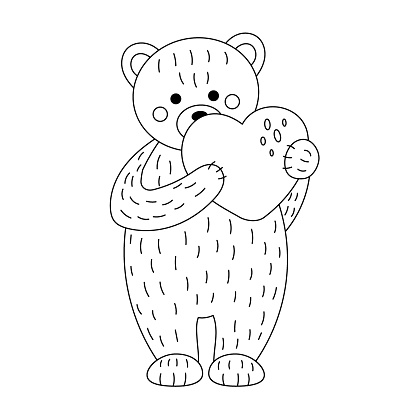 Teddy bear and heart. Illustration for Valentine's day. Linear drawing for coloring. Vector illustration.