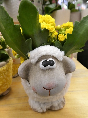 Cute Toy Sheep Sitting in Front of Easter Cactus Plant and Yellow Flowers