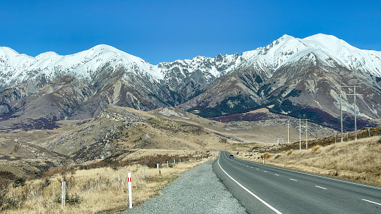 On the road to snowcapped Mt Cook, New Zealand