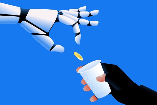 Robot giving money to human beggar. Artificial intelligence risk and unemployment concept. Vector illustration.