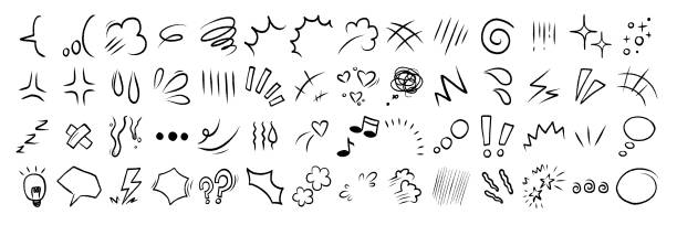 Set of anime emotion effect. Hand drawn texture and fur lines. Line movement vector element.