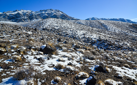 Snow in the mountains, Snow-covered mountain pass, desert plants under the snow in summer.  Death Valley National Park, California