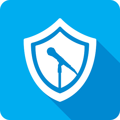 Vector illustration of a shield with microphone icon against a blue background in flat style.
