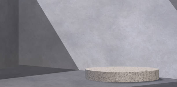 istock Empty concrete cylinder podium on cement wall room studio panoramic background in perspective side view with light and shadow on surface, illustration 1926125531