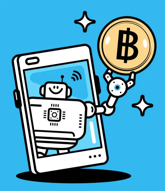 Vector illustration of An AI chatbot assistant holding money on a smartphone screen