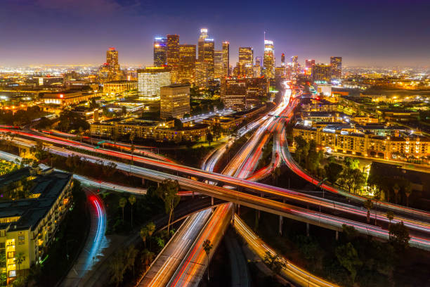 istock Aerial view of freeway intersection night 1926226411
