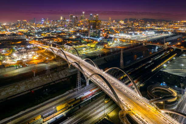istock Los Angeles bridge and cityscape at night 1926226421
