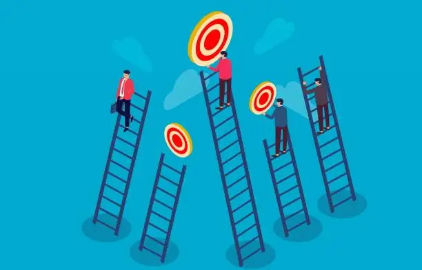 Vector illustration of Choosing different ladders, different choices and paths to success, opportunities and choices, isometric different businessmen choose different ladders and reap different achievements
