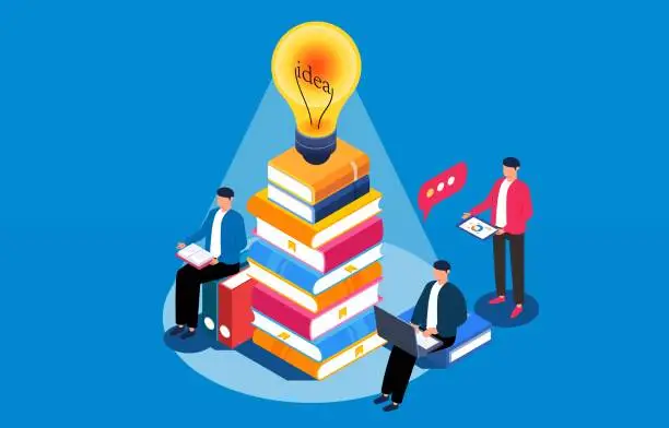 Vector illustration of Sources of inspiration, education and learning, saving and replenishing knowledge, people sitting with books and reading and learning under the illumination of isometric light bulbs