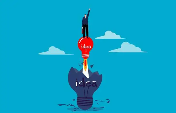 Vector illustration of New ideas and thoughts, subverting traditional ideas or decisions, businessmen standing on a red light bulb launching to break through the old bulb