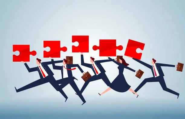 Vector illustration of Teamwork to find solutions, Teams & Puzzles, Entrepreneurship, Employee Recruitment, Team group members running together with a puzzle in hand