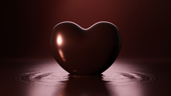 3D Illustration.Chocolate in the shape of a heart. Heart floating on the surface of melted chocolate.  (horizontal)