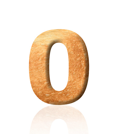 Close-up of three-dimensional toasted bread number Zero on white background.