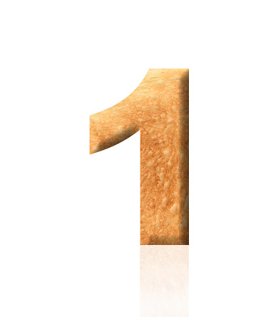 Close-up of three-dimensional toasted bread number 1 on white background.