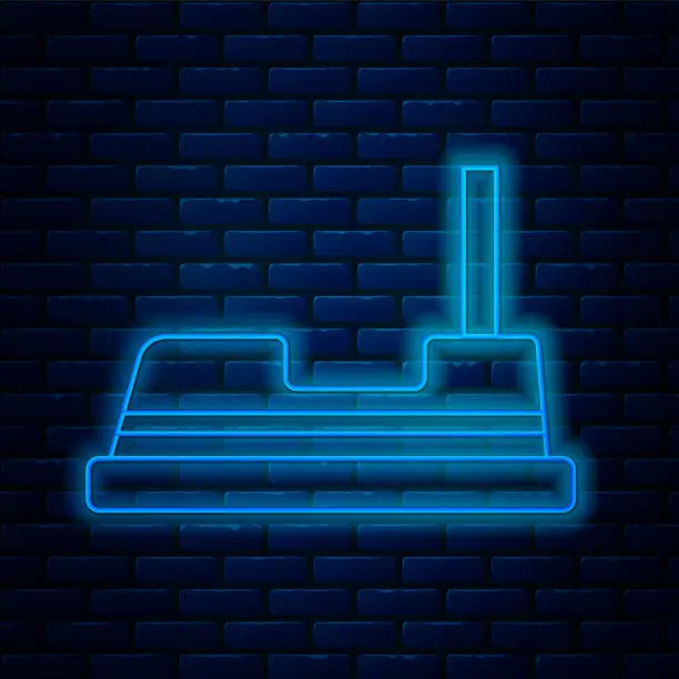 Vector illustration of Glowing neon line Bumper car icon isolated on brick wall background. Amusement park. Childrens entertainment playground, recreation park. Vector